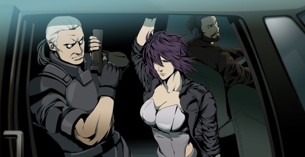 Anime picture 1200x618 with ghost in the shell production i.g kusanagi motoko batou doubleleaf fringe short hair wide image cleavage purple hair white hair looking back hair over one eye muscle girl boy gloves weapon jacket headphones