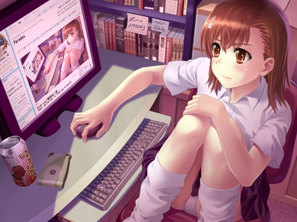 Anime picture 2000x1500 with to aru kagaku no railgun to aru majutsu no index j.c. staff misaka mikoto denhijou niki highres short hair light erotic brown hair brown eyes pantyshot pantyshot sitting recursion girl socks white socks monitor computer keyboard computer mouse