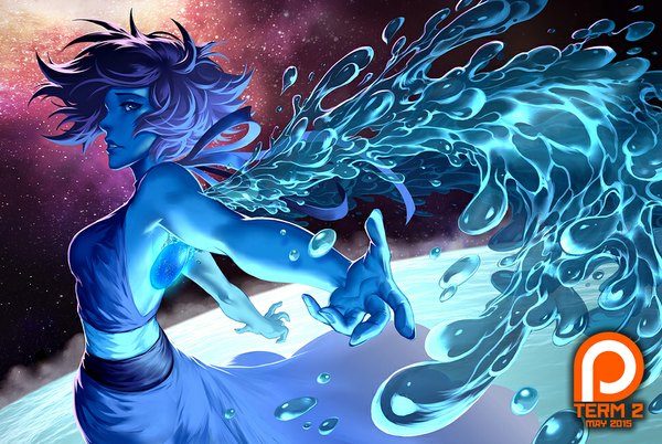 Anime picture 968x650 with quirkilicious single looking at viewer short hair breasts blue eyes bare shoulders blue hair purple hair multicolored hair gradient hair spread arms space blue skin girl wings water belt star (stars) water drop