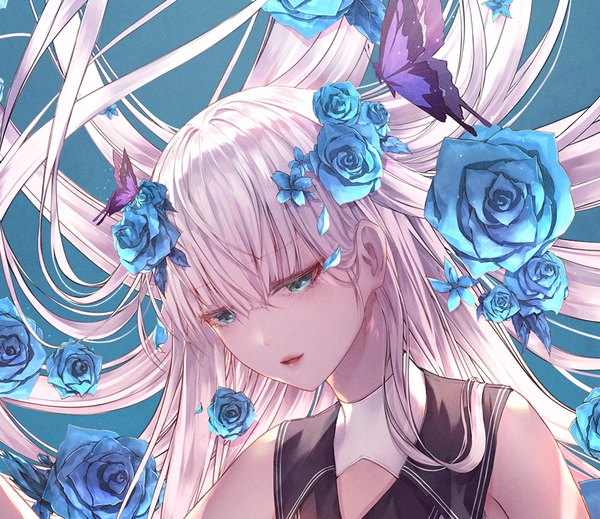 Anime picture 929x805 with original momingie single fringe simple background hair between eyes green eyes silver hair very long hair parted lips hair flower floating hair looking down girl flower (flowers) rose (roses) insect butterfly blue rose