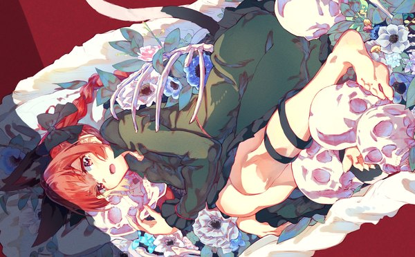 Anime picture 1446x897 with touhou kaenbyou rin tamiku (shisyamo609) single long hair looking at viewer open mouth red eyes wide image animal ears red hair tail lying braid (braids) animal tail barefoot cat ears cat girl cat tail on side