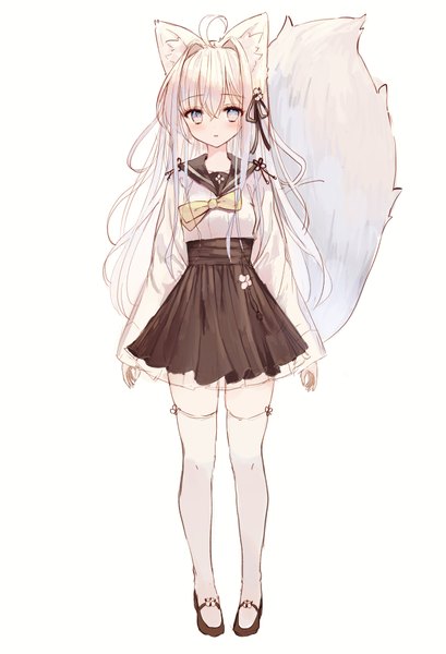 Anime picture 2623x3850 with original tandohark single long hair tall image looking at viewer blush fringe highres open mouth blue eyes simple background hair between eyes standing white background animal ears full body ahoge white hair tail