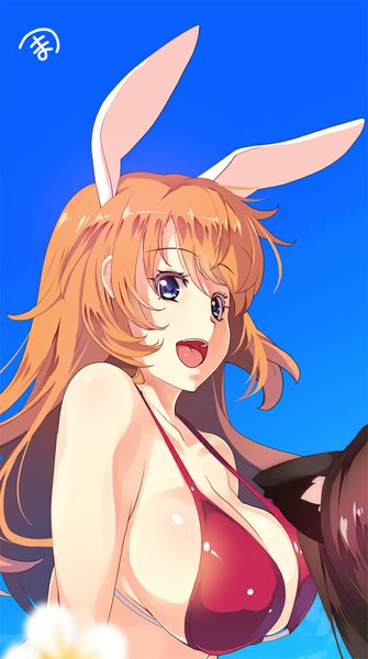 Anime picture 600x1072 with strike witches charlotte e yeager yuuji (yukimimi) single long hair tall image breasts open mouth blue eyes light erotic blonde hair large breasts bare shoulders animal ears bunny ears girl swimsuit bikini red bikini