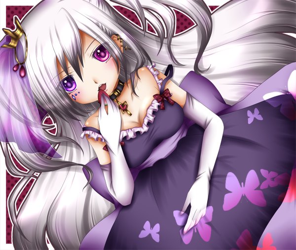Anime picture 1200x1015 with original shitou single long hair open mouth white hair heterochromia girl dress gloves elbow gloves food pendant insect butterfly berry (berries) strawberry