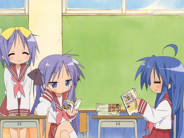 Anime picture 2322x1748 with lucky star kyoto animation izumi konata hiiragi kagami hiiragi tsukasa horiguchi yukiko highres girl