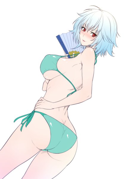 Anime picture 1000x1414 with infinite stratos 8bit sarashiki tatenashi zucchini single tall image looking at viewer blush fringe short hair breasts light erotic red eyes large breasts standing white background bare shoulders holding ahoge ass