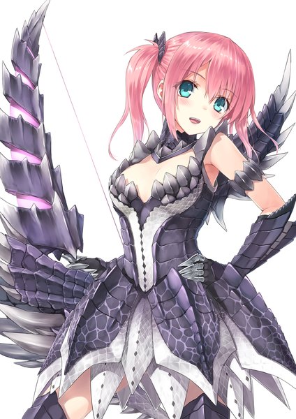Anime picture 1000x1414 with monster hunter alatreon (armor) hiten (hitenkei) single long hair tall image blush open mouth blue eyes simple background white background twintails pink hair hand on hip girl dress weapon bow (weapon)