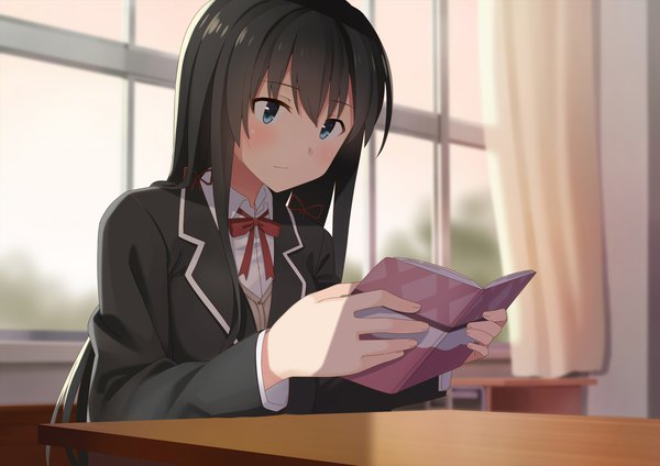 Anime picture 2376x1680 with yahari ore no seishun love comedy wa machigatteiru. brains base (studio) yukinoshita yukino dacchi single long hair blush highres blue eyes black hair girl uniform school uniform window book (books) desk