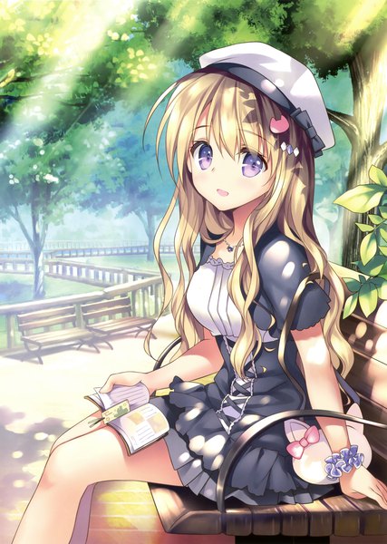 Anime picture 2489x3500 with original rei (rei's room) single long hair tall image looking at viewer highres blonde hair sitting purple eyes scan official art girl dress plant (plants) tree (trees) book (books)