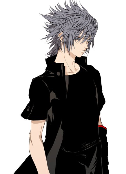 Anime picture 600x827 with final fantasy final fantasy xv square enix noctis lucis caelum zakki single tall image fringe short hair simple background hair between eyes standing white background looking away upper body grey hair grey eyes spiked hair boy cloak