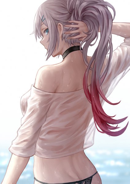 Anime picture 1000x1415 with girls frontline lwmmg (girls frontline) selcky single long hair tall image looking at viewer fringe breasts light erotic hair between eyes standing white background payot pink hair silver hair upper body ponytail looking back multicolored hair