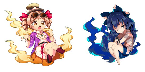 Anime picture 1600x800 with touhou yorigami shion yorigami jo'on shayuheisi long hair short hair simple background brown hair wide image white background twintails multiple girls blue hair full body one eye closed barefoot orange eyes drill hair short twintails chibi