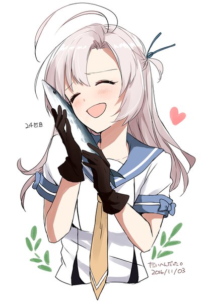 Anime picture 1003x1417 with kantai collection kinugasa heavy cruiser morinaga (harumori) single long hair tall image blush open mouth simple background white background silver hair ahoge upper body eyes closed side ponytail dated happy ^ ^ ^o^ remodel (kantai collection)