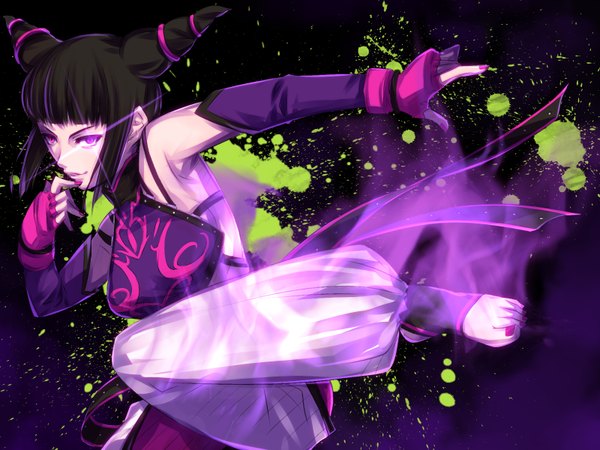 Anime picture 1600x1200 with street fighter capcom han juri ayasaka single black hair bare shoulders nail polish pink eyes barefoot hair bun (hair buns) finger to mouth chinese clothes aura girl gloves detached sleeves fingerless gloves