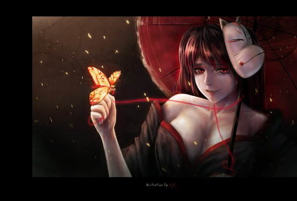 Anime picture 1180x800 with vocaloid musunde hiraite rasetsu to mukuro (vocaloid) hatsune miku hwansang single long hair black hair red eyes japanese clothes mask on head butterfly on hand girl kimono insect butterfly umbrella mask thread red thread