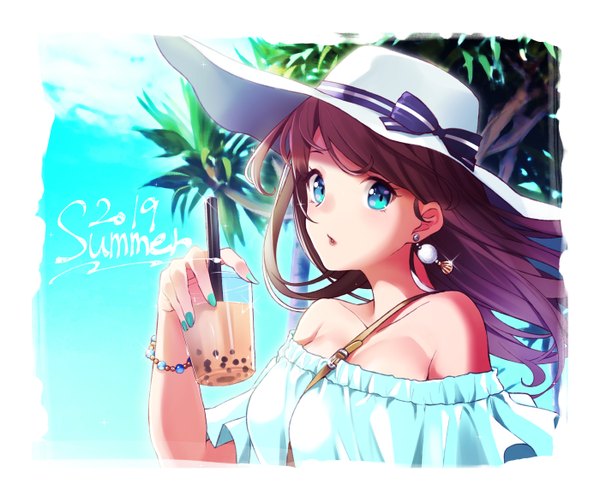Anime picture 1400x1171 with original retsuna single long hair looking at viewer blush breasts blue eyes brown hair bare shoulders holding payot sky cleavage upper body outdoors nail polish parted lips fingernails wind