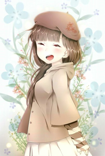 Anime picture 800x1184 with original fuu (07199382) single long hair tall image blush fringe open mouth smile brown hair standing eyes closed teeth happy striped girl flower (flowers) plant (plants) headdress beret