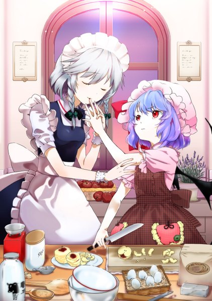 Anime picture 1000x1420 with touhou remilia scarlet izayoi sakuya yamada ranga tall image short hair red eyes multiple girls silver hair purple hair braid (braids) eyes closed maid tears twin braids cooking girl flower (flowers) 2 girls headdress