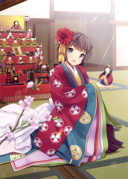 Anime picture 2493x3500 with original at-yui single tall image looking at viewer highres short hair black hair purple eyes traditional clothes japanese clothes scan official art hinamatsuri (festival) girl hair ornament flower (flowers) kimono junihitoe