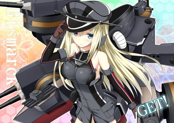 Anime picture 1200x847 with kantai collection bismarck battleship sky-freedom single long hair looking at viewer blush blue eyes blonde hair smile inscription character names girl dress gloves weapon detached sleeves gun short dress cannon