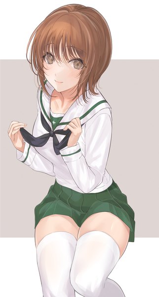 Anime picture 1100x2048 with girls und panzer nishizumi miho mexif single tall image looking at viewer fringe short hair smile brown hair sitting holding brown eyes zettai ryouiki outside border girl thighhighs skirt uniform miniskirt