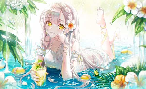 Anime picture 3941x2425 with original pora 0918 single long hair looking at viewer blush fringe highres smile wide image bare shoulders yellow eyes absurdres silver hair full body outdoors lying braid (braids) nail polish barefoot