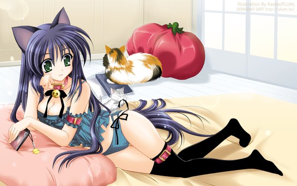 Anime picture 1600x1000 with original plum (artist) long hair breasts light erotic wide image green eyes animal ears cleavage purple hair lying very long hair cat ears thighhighs underwear panties pillow bed bell cat