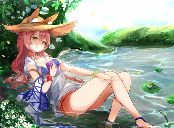 Anime picture 1745x1284 with fate (series) fate/grand order tamamo (fate) (all) tamamo no mae (swimsuit lancer) (fate) mosta (lo1777789) single long hair fringe highres light erotic hair between eyes sitting animal ears pink hair light smile orange eyes fox ears shaded face wet clothes swimsuit under clothes