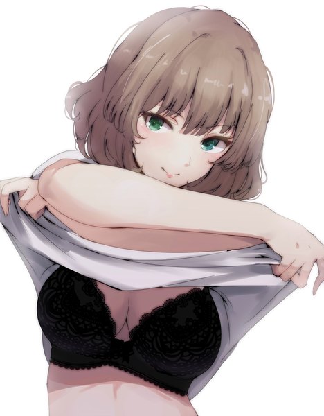 Anime picture 1600x2048 with idolmaster idolmaster cinderella girls takagaki kaede ryuu. single tall image looking at viewer blush fringe short hair breasts light erotic simple background hair between eyes brown hair white background green eyes payot cleavage aqua eyes