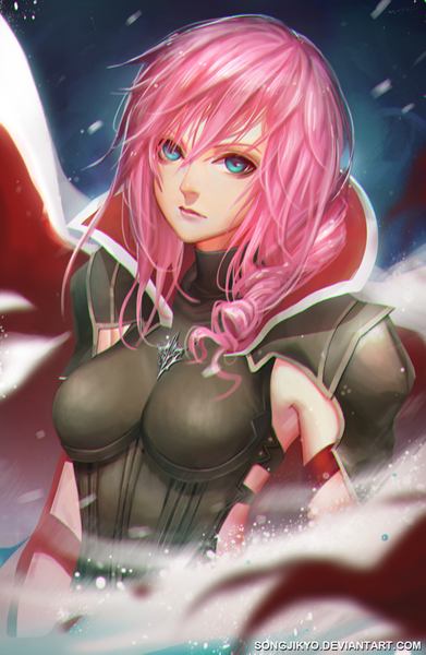 Anime picture 585x896 with final fantasy final fantasy xiii square enix lightning farron songjikyo single long hair tall image looking at viewer fringe breasts blue eyes signed pink hair lips drill hair snowing girl armor cape