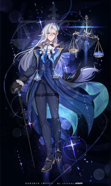 Anime picture 2875x4816 with genshin impact neuvillette (genshin impact) yolanda single long hair tall image fringe highres hair between eyes purple eyes holding looking away silver hair full body copyright name bespectacled boy gloves black gloves glasses