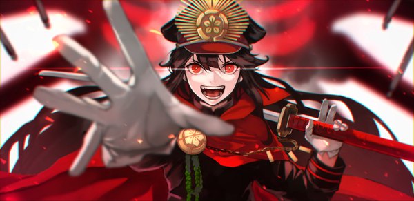 Anime picture 1500x732 with fate (series) fate/grand order koha-ace oda nobunaga (fate) (all) oda nobunaga (fate) yoshio (55level) single long hair looking at viewer fringe open mouth black hair hair between eyes red eyes wide image holding upper body outstretched hand weapon over shoulder girl