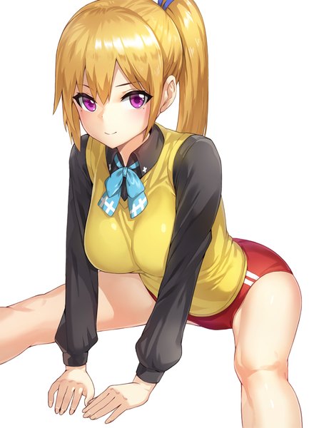 Anime picture 797x1070 with musaigen no phantom world kawakami mai kfr single long hair tall image fringe breasts light erotic simple background blonde hair smile large breasts white background purple eyes payot mole spread legs mole under eye side ponytail