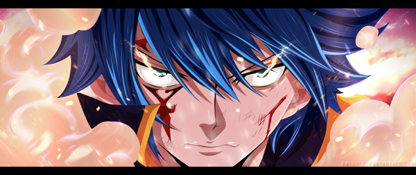 Anime picture 1900x802 with fairy tail jellal fernandes zetsu-c single highres short hair blue eyes wide image blue hair sky cloud (clouds) sunlight tattoo coloring facial mark glowing close-up smoke face glowing eye (eyes)