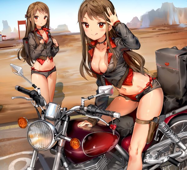 Anime picture 2048x1866 with original anmi long hair looking at viewer blush fringe highres breasts light erotic smile red eyes brown hair large breasts standing multiple girls cleavage outdoors long sleeves parted lips arm support