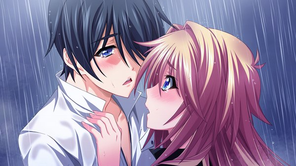 Anime picture 1000x563 with tsujidou-san no junai road ai tsujidou long hair blush short hair open mouth blue eyes black hair blonde hair wide image game cg couple rain girl boy