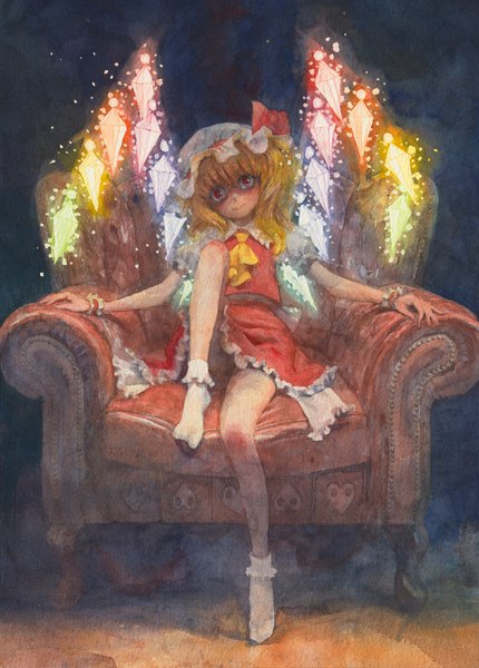 Anime picture 801x1117 with touhou flandre scarlet misawa hiroshi single tall image looking at viewer short hair blonde hair smile red eyes sitting no shoes traditional media girl skirt wings socks white socks bonnet skirt set