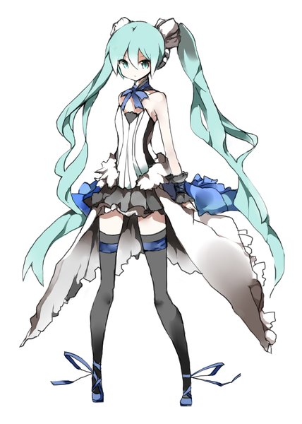 Anime picture 1027x1439 with 7th dragon 7th dragon 2020 vocaloid hatsune miku kotatu (akaki01aoki00) single tall image looking at viewer simple background white background twintails bare shoulders very long hair aqua eyes aqua hair girl thighhighs dress black thighhighs wrist cuffs