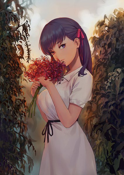 Anime picture 1000x1414 with fate (series) fate/stay night matou sakura charimei single long hair tall image looking at viewer fringe breasts hair between eyes standing purple eyes holding purple hair outdoors short sleeves girl dress flower (flowers)