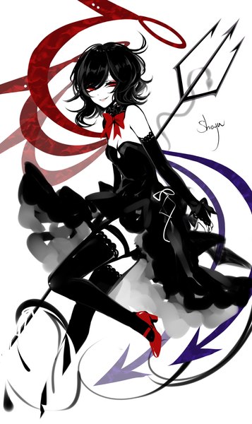 Anime-Bild 2200x3700 mit touhou houjuu nue sheya single tall image looking at viewer fringe highres short hair breasts black hair simple background smile hair between eyes red eyes white background signed bent knee (knees) parted lips polychromatic