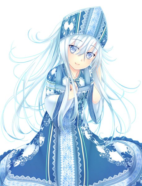Anime picture 780x1020 with kantai collection hibiki destroyer verniy destroyer baretto single tall image simple background smile white background looking away white hair traditional clothes wide sleeves russian clothes girl kokoshnik