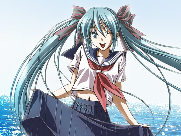 Anime picture 1024x768 with vocaloid hatsune miku mid knight long hair twintails one eye closed aqua eyes wink aqua hair girl skirt navel uniform bow ribbon (ribbons) hair bow hair ribbon school uniform water serafuku