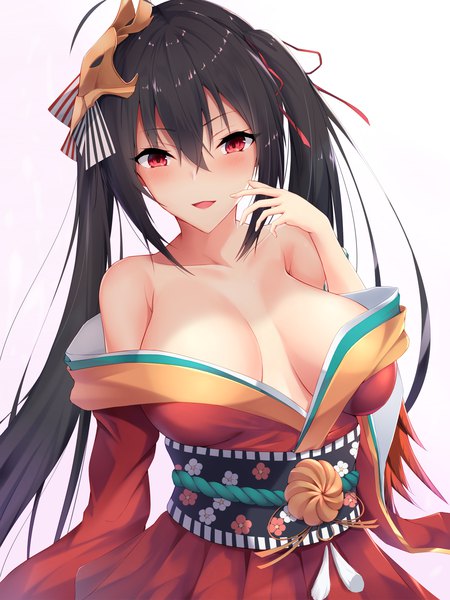 Anime picture 1500x2000 with azur lane taihou (azur lane) ranju aira single long hair tall image looking at viewer blush fringe breasts open mouth light erotic black hair simple background smile hair between eyes red eyes large breasts standing twintails