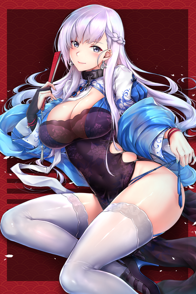 Anime picture 4000x6000 with azur lane belfast (azur lane) belfast (iridescent rose) (azur lane) rei kun single long hair tall image looking at viewer blush fringe highres breasts light erotic simple background smile large breasts purple eyes holding absurdres cleavage