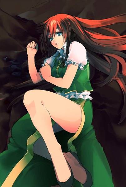Anime picture 675x1000 with touhou hong meiling asuna (i luv) single long hair tall image blue eyes looking away red hair lying puffy sleeves legs girl skirt skirt set