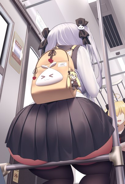 Anime-Bild 5394x7928 mit niliu chahui tokisaki mio tokisaki asaba long hair tall image highres open mouth light erotic blonde hair smile sitting multiple girls absurdres ahoge ass white hair pleated skirt from behind from below two side up