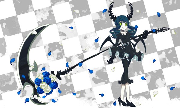 Anime picture 2040x1226 with black rock shooter dead master inaba taiju (artist) single long hair highres black hair smile wide image green eyes full body horn (horns) high heels drill hair checkered background girl dress flower (flowers) weapon petals