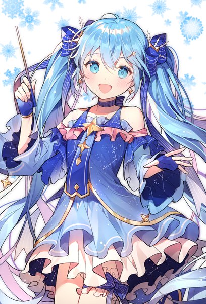 Anime picture 1205x1772 with vocaloid hatsune miku yuki miku yuki miku (2017) azit (down) single tall image looking at viewer blush open mouth blue eyes twintails bare shoulders blue hair very long hair :d starry sky print girl gloves hair ornament