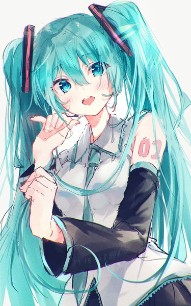 Anime picture 625x1000 with vocaloid hatsune miku irohatomo single long hair tall image blush fringe open mouth simple background hair between eyes white background twintails upper body :d aqua eyes aqua hair teeth girl detached sleeves
