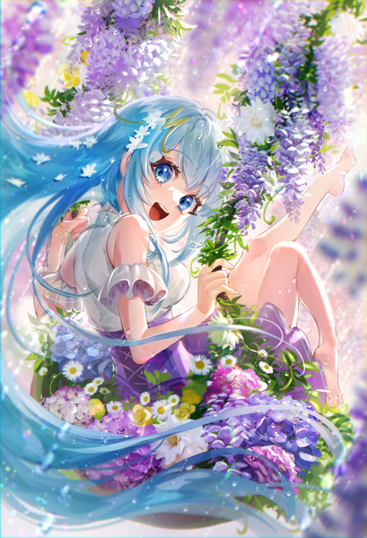 Anime picture 882x1294 with emori miku project emori miku galibo single long hair tall image looking at viewer open mouth blue eyes blue hair :d looking back barefoot hair flower bare legs girl skirt flower (flowers) wisteria swing
